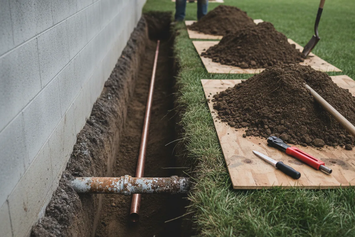 Excavated water line trench during Water Heater Repair in Lampe